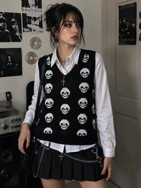 Black Skull Sweater Vest Goth Grunge Emo Punk Alt Y2K Skeleton Knit Whimsigoth